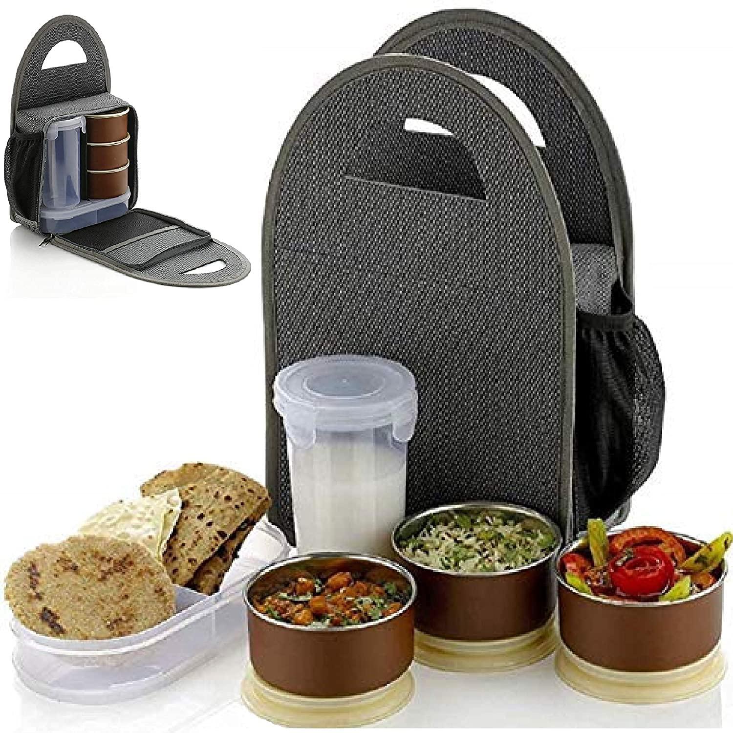 Stainless Steel 3 Container, 1 Casserole Set, 1 Plastic Bottle With Bag Microwave-Safe Lunch Box